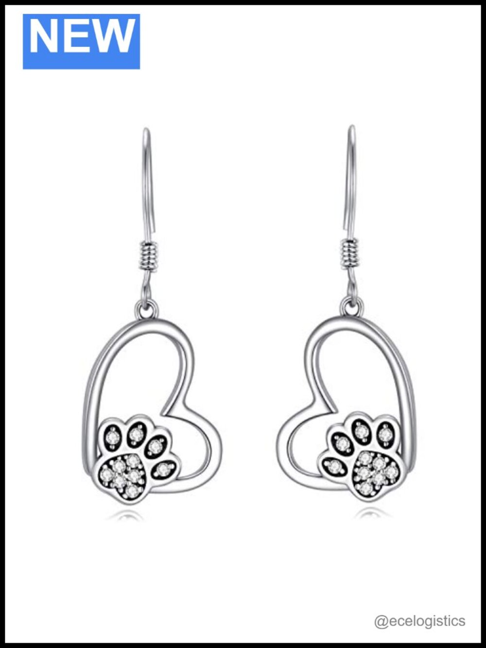 Sterling Silver Puppy Paw Print Heart Dangle Earrings Pet Lover Gift